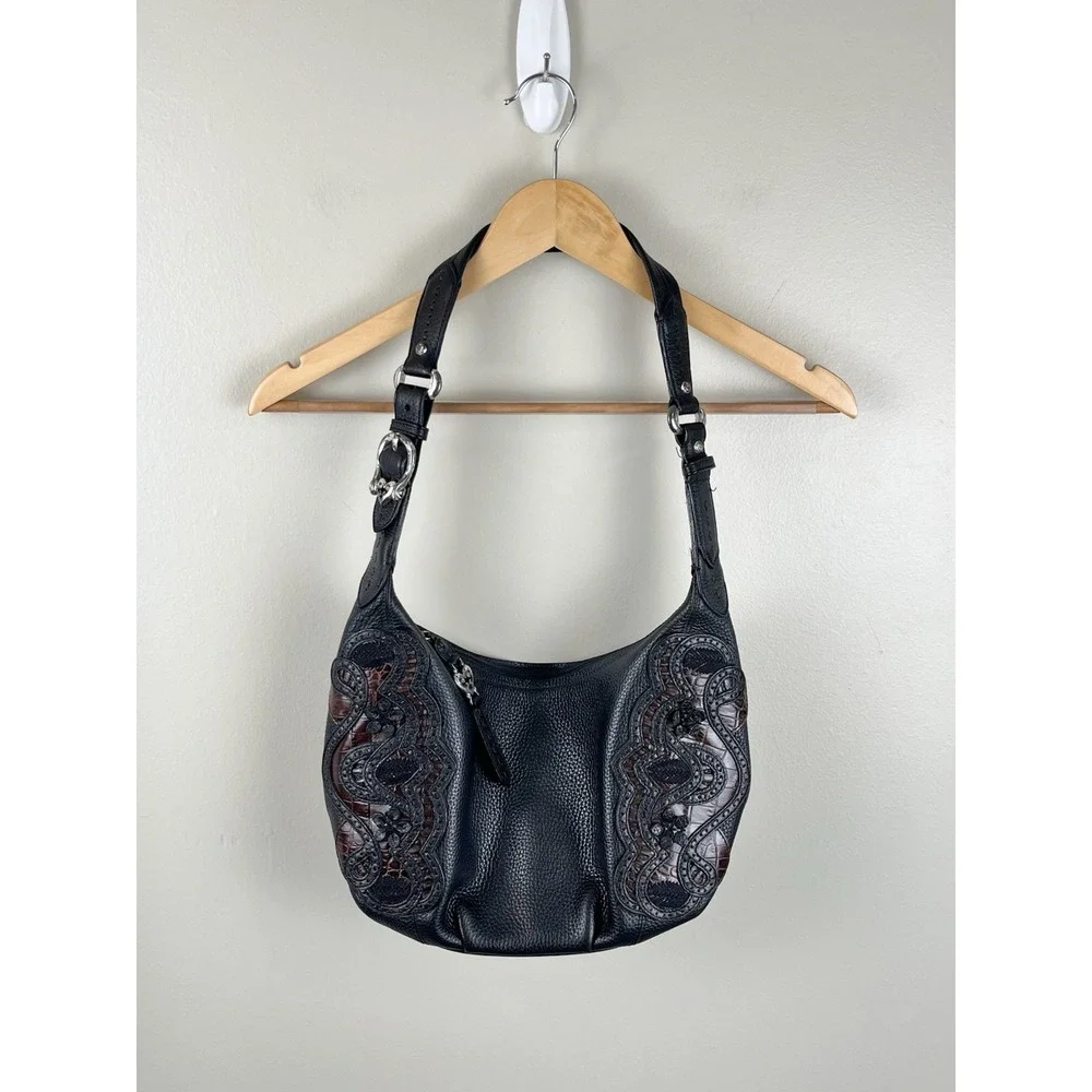 BRIGHTON Masterpiece Niki Hobo Leather Lace Shoulder Handbag Black Y2K
